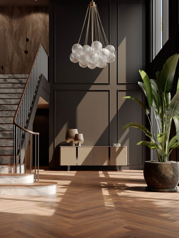 Hal met een hanglamp, een trap en een visgraatvloer van Room5 Executive Gold