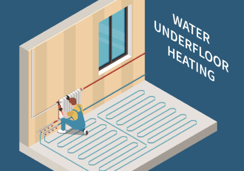 Heating System Isometric Illustration Worker installing water underfloor heating system in house 3d isometric vector illustration